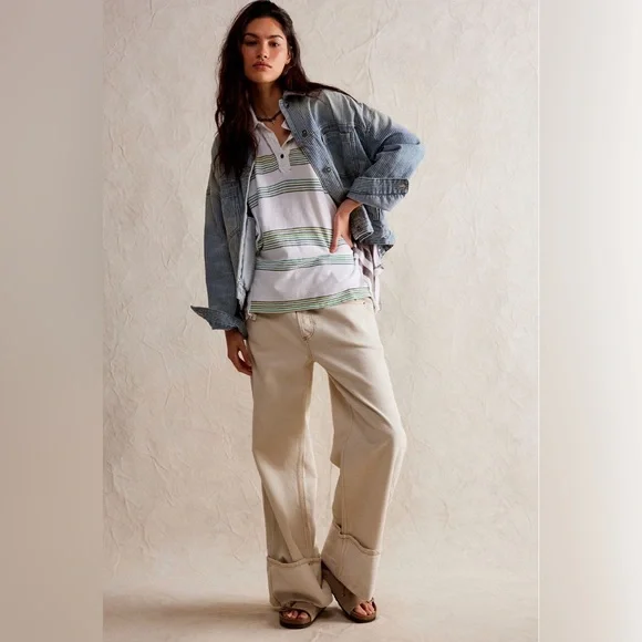 Free People We The Free Schools Out Polo Striped Oversized Button Top - Picture 2 of 6
